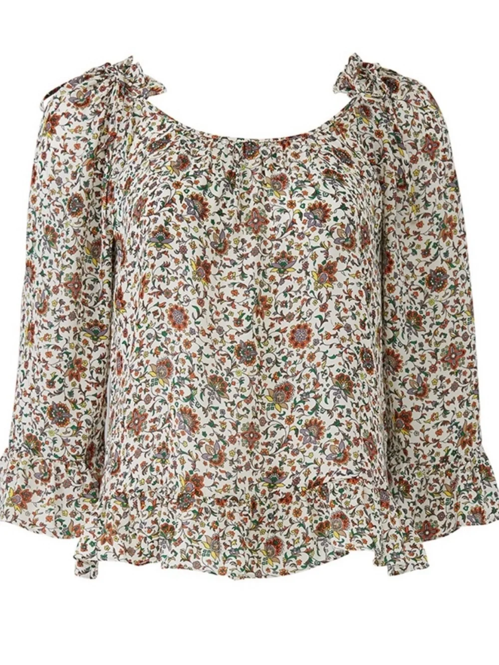 Tory Burch Ivory Soleil 100% Silk Floral Ruffle Peasant Blouse Sz 4 Boho Luxury
